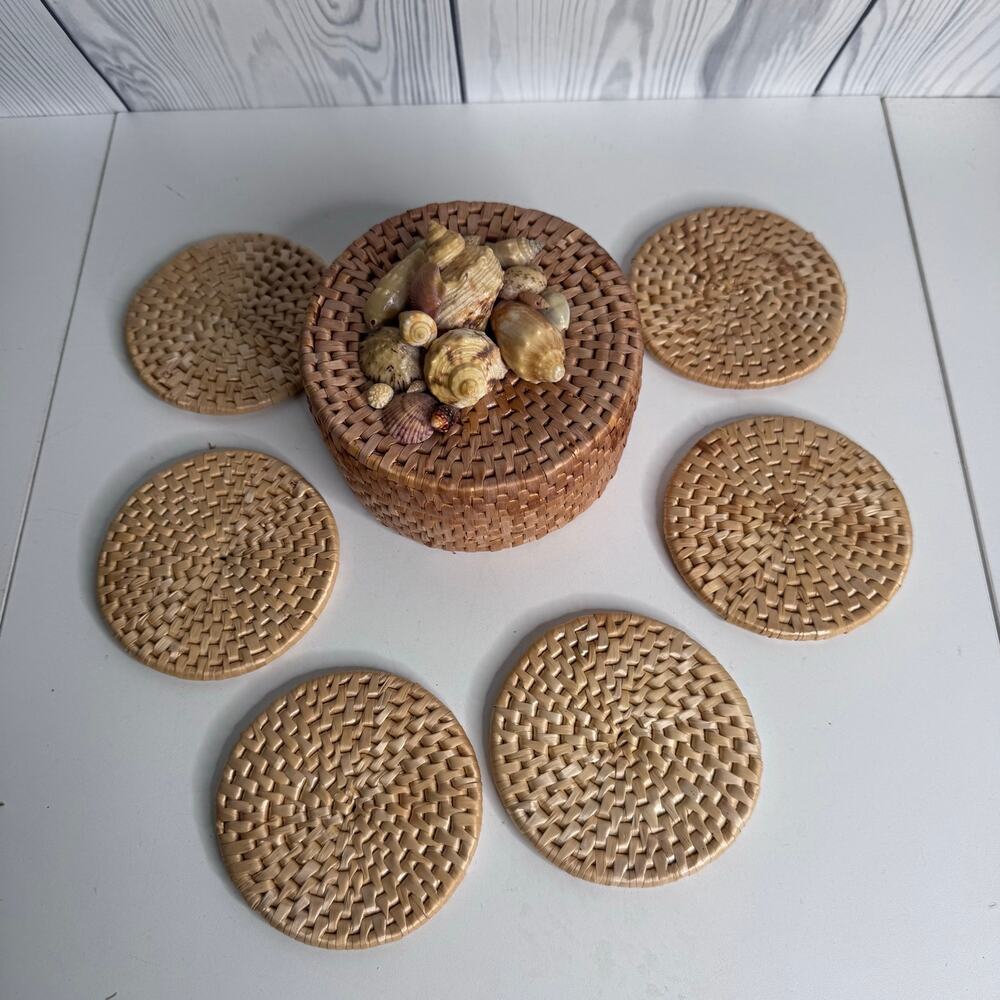 Vintage Set Of 6 Rattan Wicker Coasters Seashells Basket Beach Decor Natural